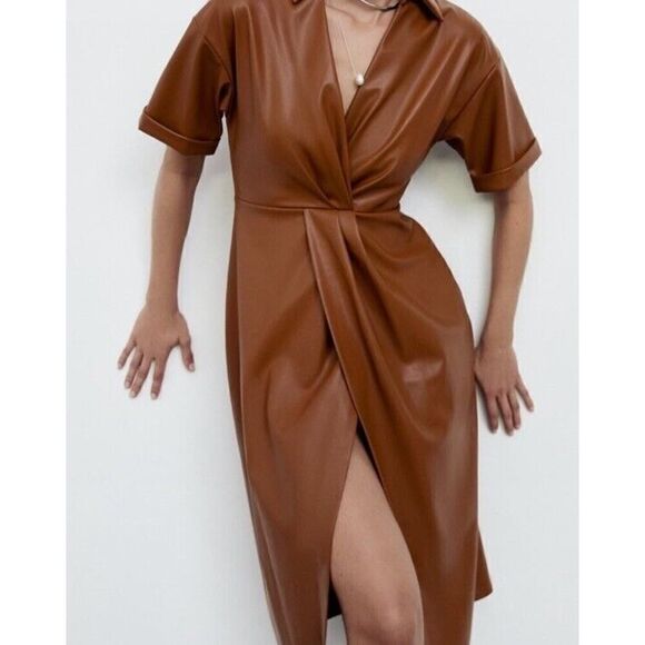 NWOT ZARA FAUX LEATHER SHIRT DRESS MIDI BROWN MEDIUM - Picture 3 of 13